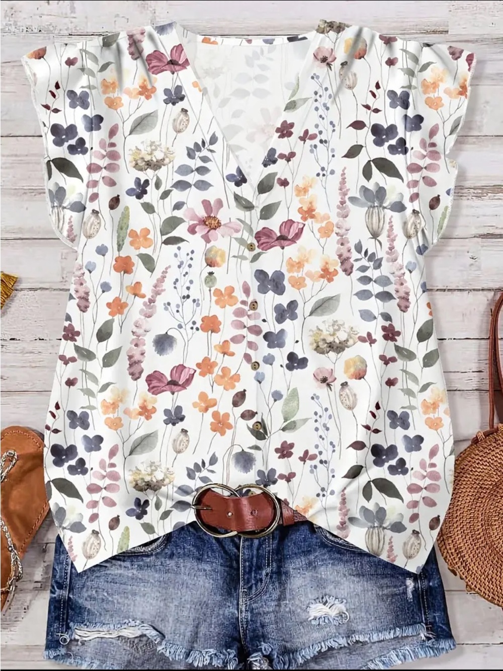 🆕👚 Floral V-Neck Flutter Sleeve Top - White Multicolor NWT